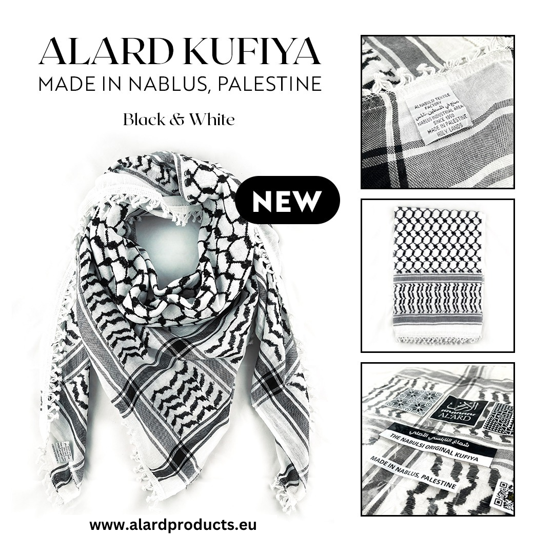 Al'Ard Palestinian Black and White Kufiya (Made in Palestine)